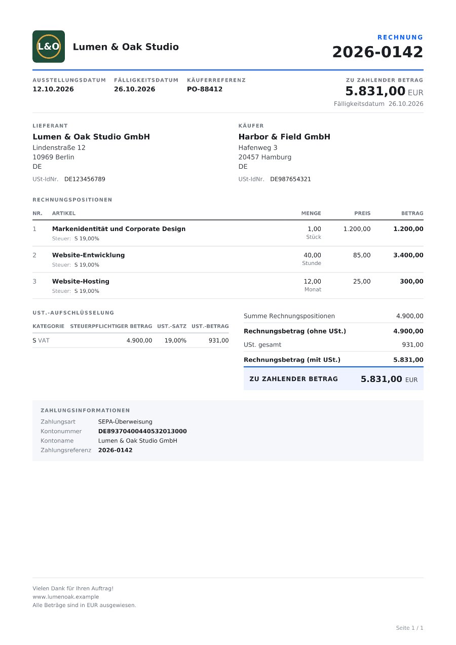 Rechnungs-PDF im modernen Design mit Logo und Firmenname von Lumen & Oak Studio