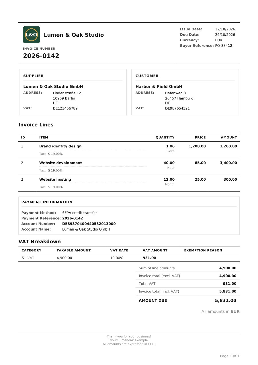 Invoice PDF in the Classic design with the Lumen & Oak Studio logo and company name