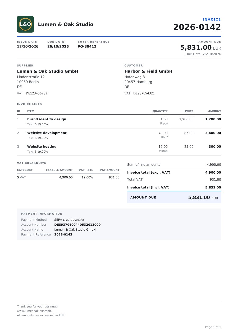 Invoice PDF in the Modern design with the Lumen & Oak Studio logo and company name